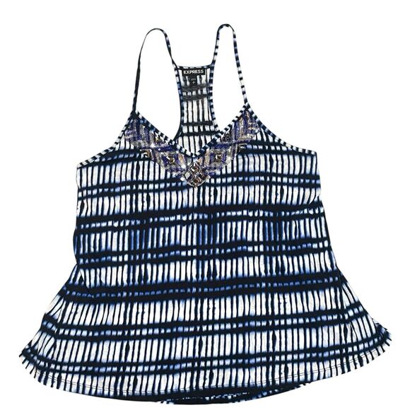 2015 Express Size Small Mcbling Abstract Navy Blue Striped Beaded Cami - Picture 1 of 7
